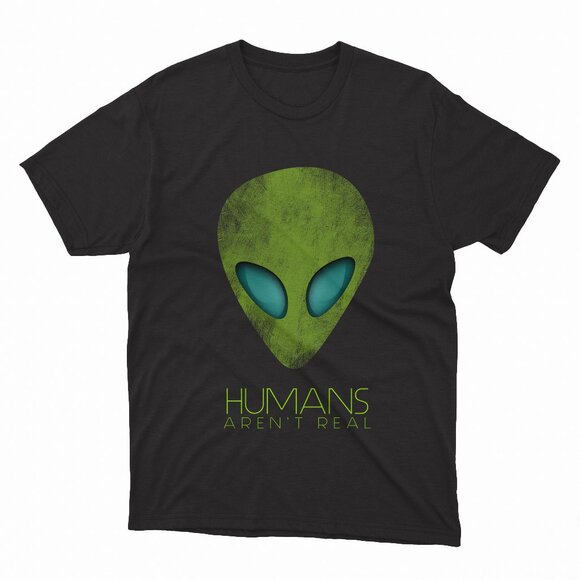 Alien Funny Humans Aren't Real Cute UFO Gift Long Sleeve Black T-Shirt - Picture 1 of 2